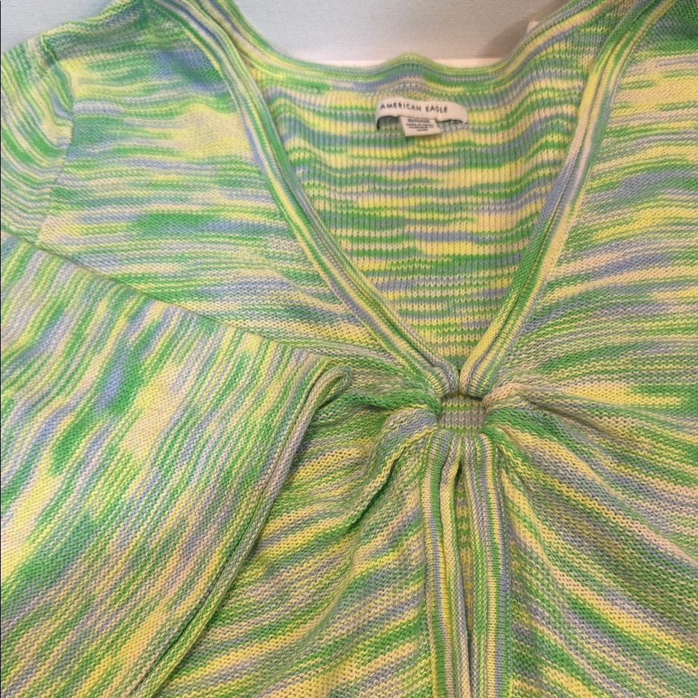 American Eagle Green, Yellow and Grey Open Front Knit Sweater